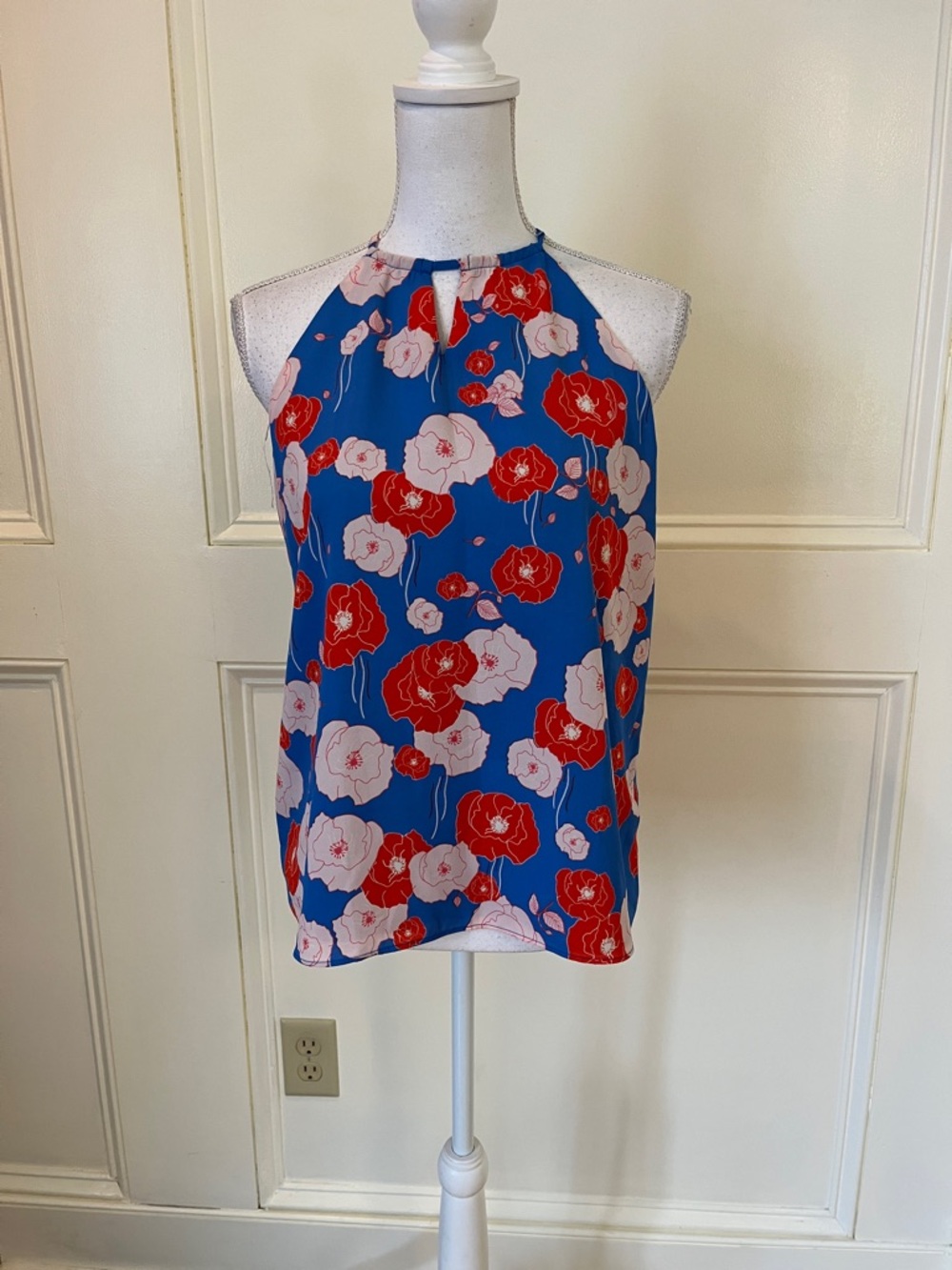 Floral Halter Cami in Blue with Red & Pink Blooms